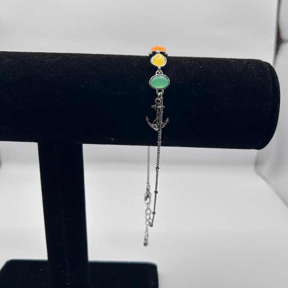 Tricolored Stone Anchor Anklet with silver pearl link chain